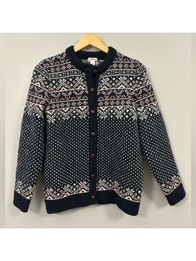 Vintage L.L. Bean Norway Wool Cardigan S Navy Nordic Birdseye Jacquard Fisherman